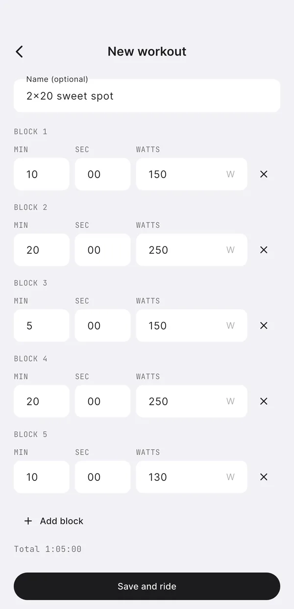 Corsai's workout builder with a 2×20 sweet spot: 10:00 at 150 W, 20:00 at 250 W, 5:00 at 150 W, 20:00 at 250 W, 10:00 at 130 W, total 1:05:00.