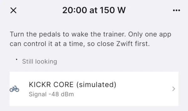 Looking for the trainer: turn the pedals to wake it, close Zwift first, and a KICKR CORE in the list with its signal strength.