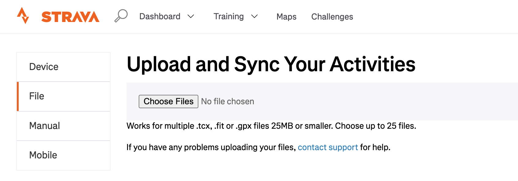 Strava's "Upload and Sync Your Activities" page with the File tab selected and a Choose Files button.