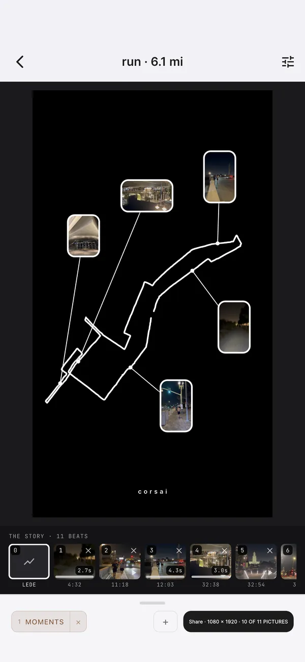 The story builder: a 6.1 mile night run’s route with five photos pinned where they were taken, and eleven beats in the story strip, ready to share.