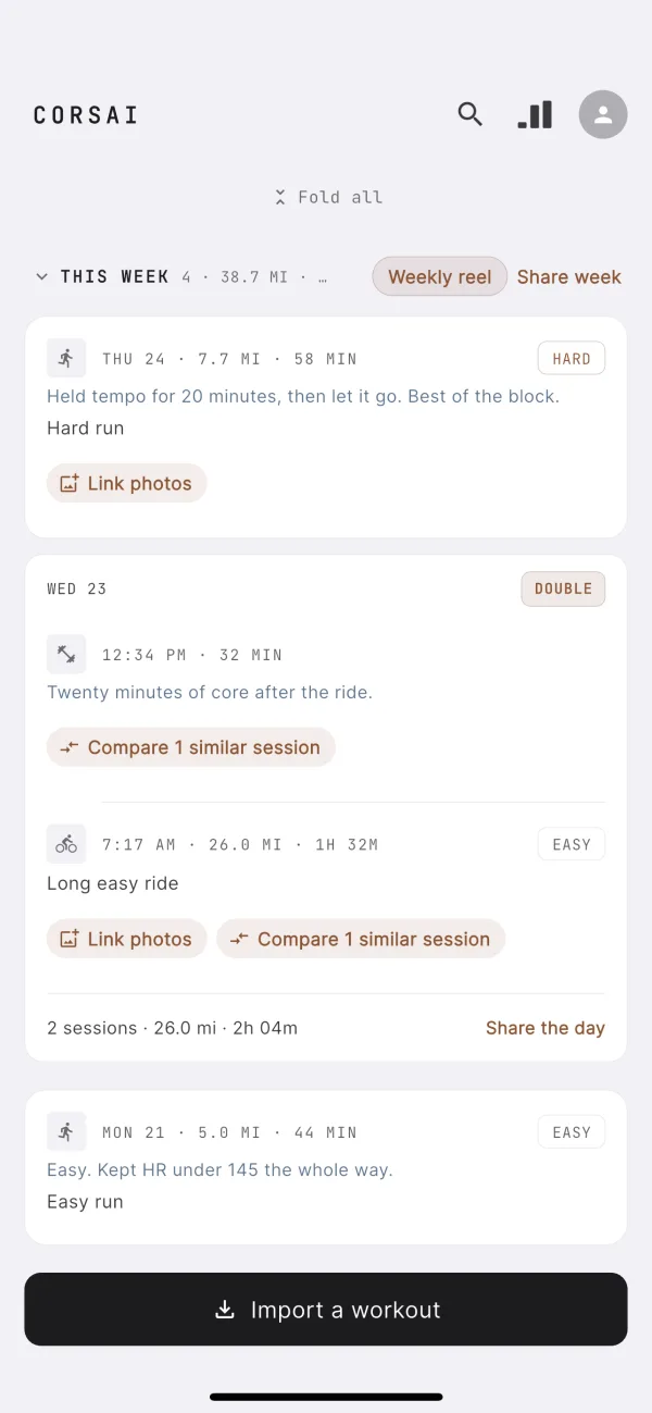 The Corsai log: this week’s runs, a ride and a core session, each with its note and effort.
